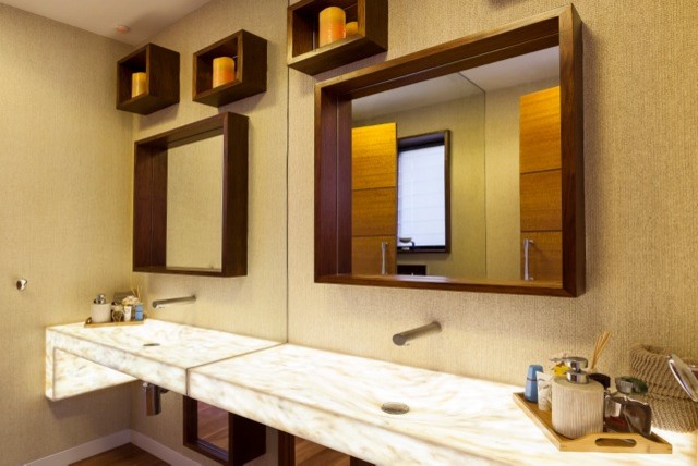Large contemporary powder room in Sunshine Coast with an integrated sink.