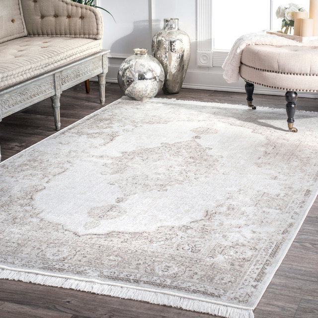 nuLOOM Withering Medallion Fringe Area Rug, Ivory Contemporary Area Rugs by nuLOOM