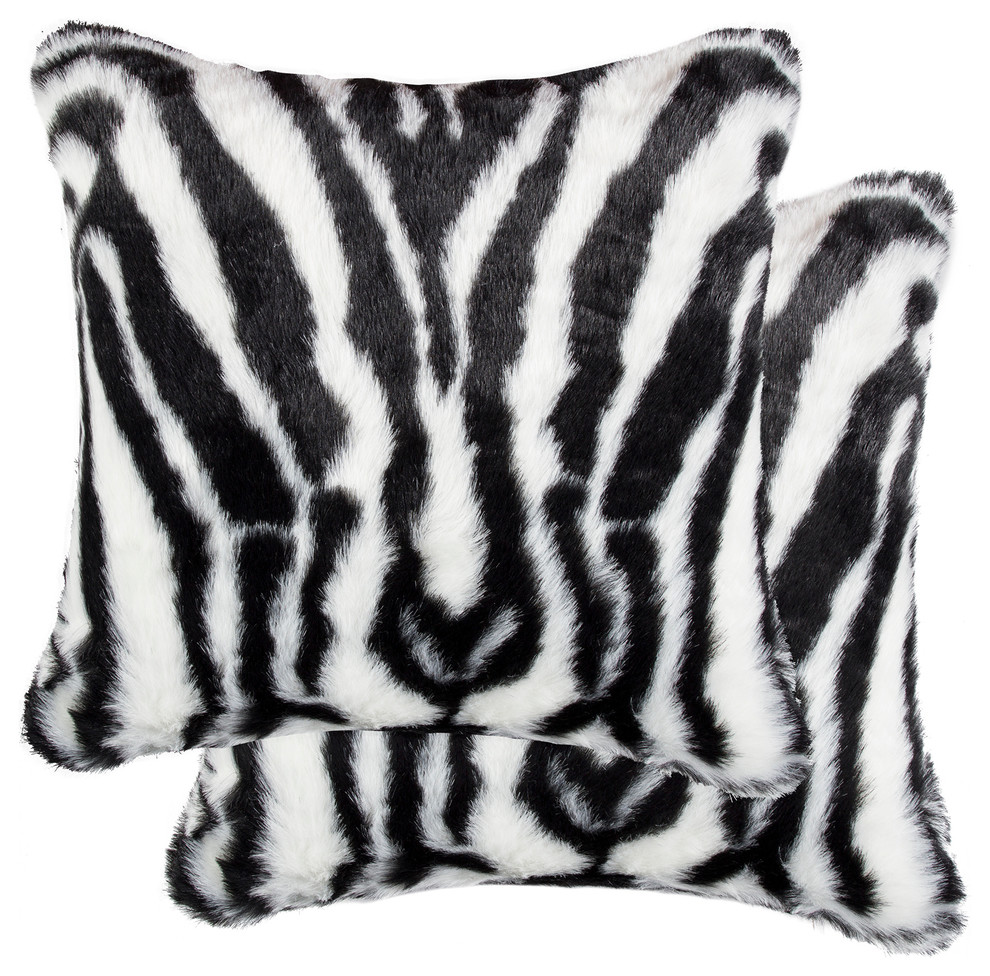 Belton Faux Fur Pillows, Set of 2, Denton Zebra Black/White, 18"x18"