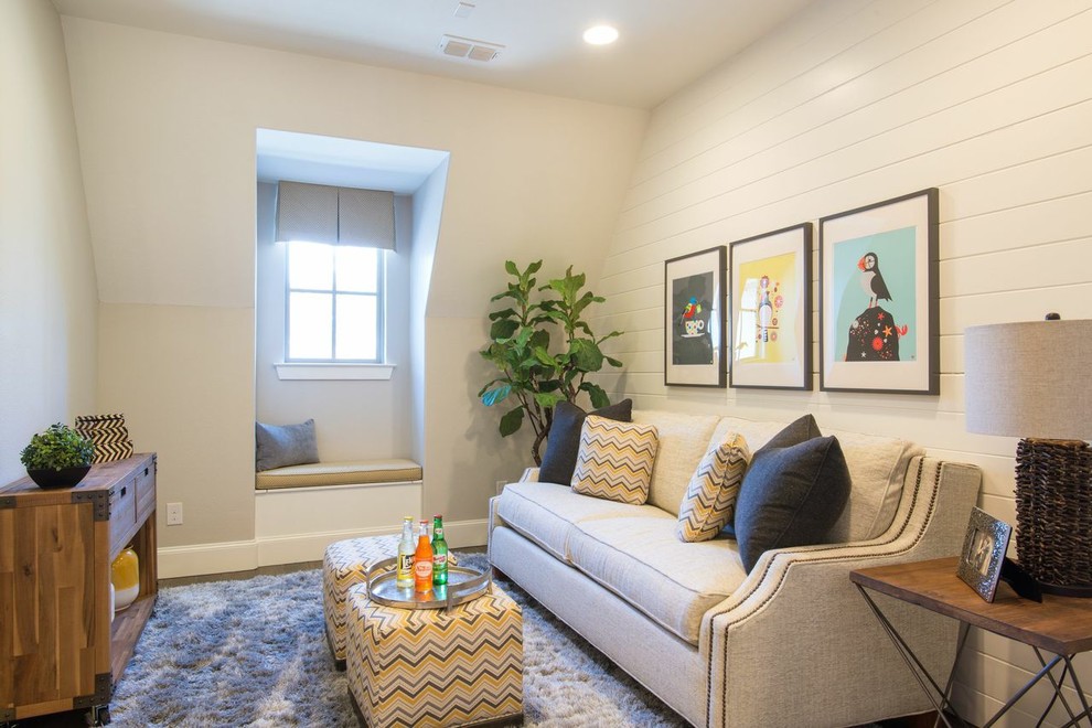 Design ideas for a small traditional family room in Dallas with grey walls and dark hardwood floors.