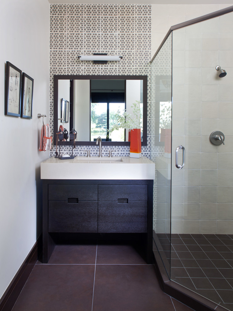 Inspiration for a small transitional 3/4 bathroom in Denver with an undermount sink, flat-panel cabinets, dark wood cabinets, quartzite benchtops, a corner shower, multi-coloured tile, white walls and ceramic floors.