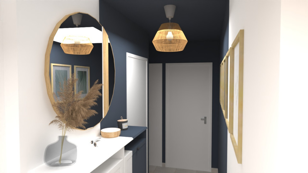 Design ideas for a mid-sized scandinavian entry hall in Montpellier with blue walls, a single front door and wood walls.