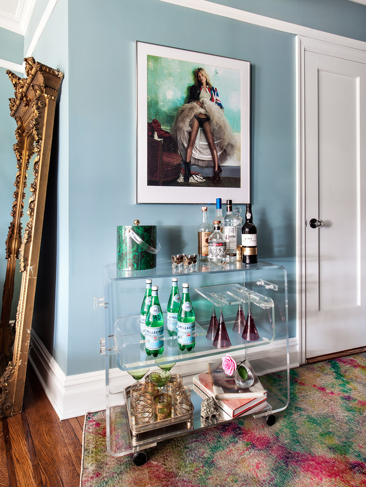 Inspiration for a small eclectic bar cart in New York with dark hardwood floors and brown floor.