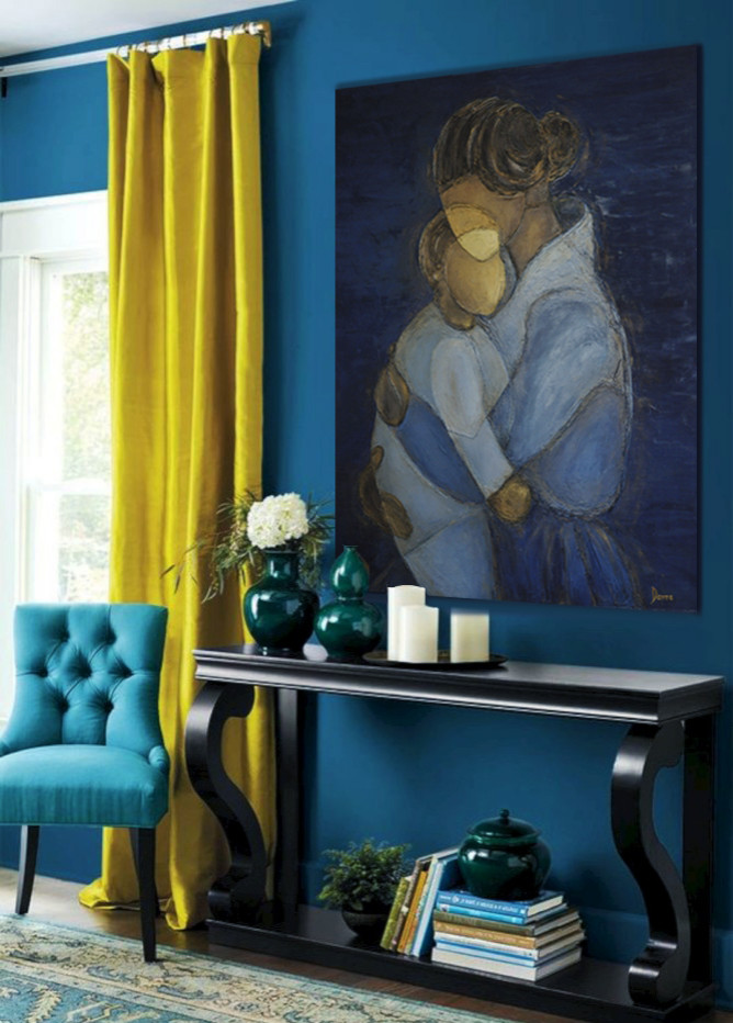 Источник вдохновения для домашнего уюта: открытая гостиная комната среднего размера в современном стиле с синими стенами
