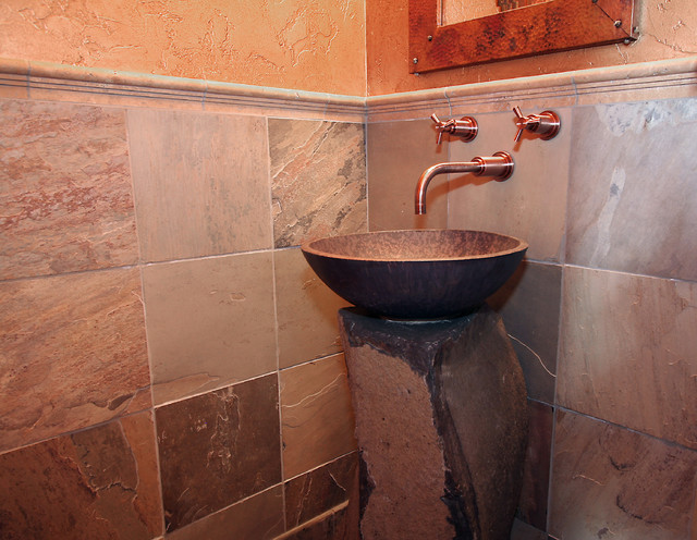 Copper and stone pedestal sink - Rustic - Powder Room ...