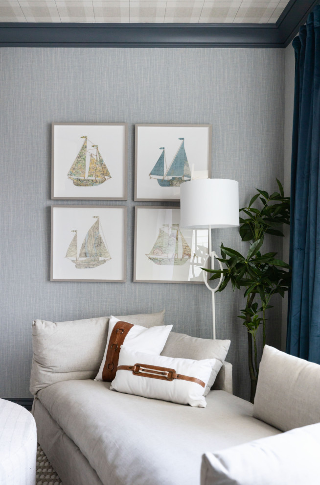 Nursery Boy Room - THIS ADORABLE NURSERY GOT A FULL MAKEOVER WITH ADDED WALLPAPER ON WALLS + CEILING DETAIL.  WE ALSO ADDED LUXE FURNISHINGS TO COMPLIMENT THE ART PIECES + LIGHTING