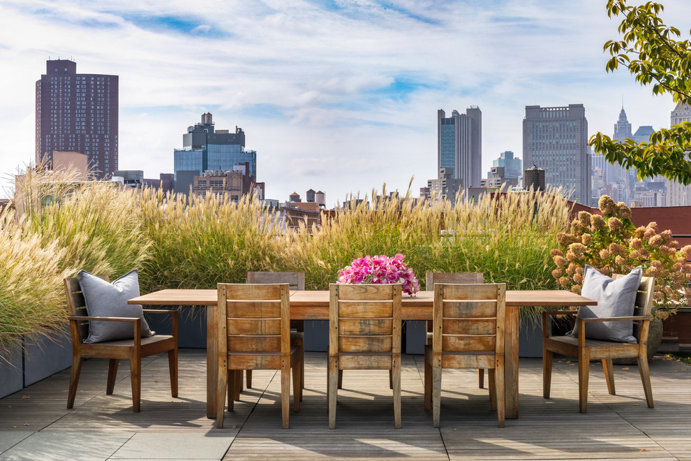 Country rooftop and rooftop deck in New York with a container garden and no cover.