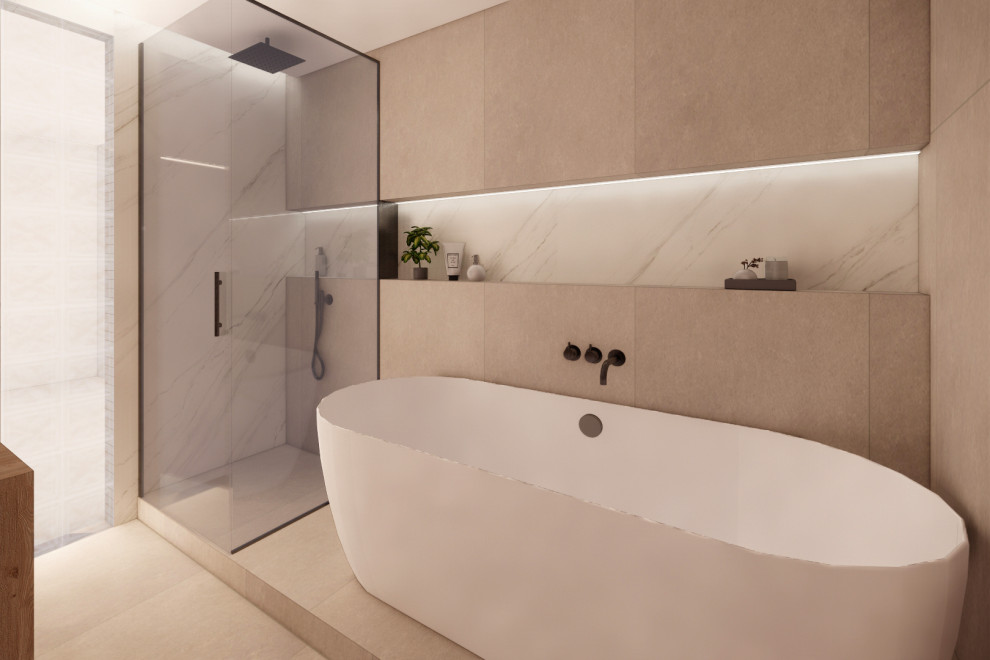 This is an example of a mid-sized scandinavian master bathroom in Barcelona with furniture-like cabinets, white cabinets, a freestanding tub, a curbless shower, gray tile, white walls, ceramic floors, a vessel sink, engineered quartz benchtops, grey floor, grey benchtops, a shower seat, a double vanity and a floating vanity.