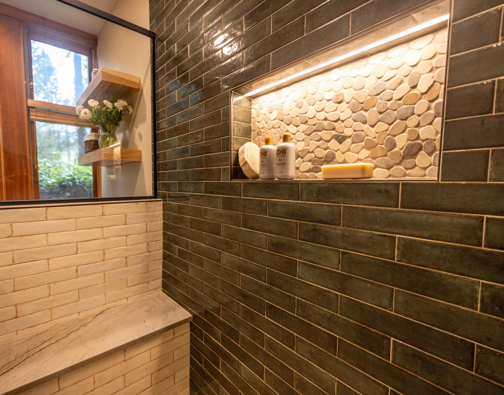 Doorless shower - large rustic master multicolored tile and ceramic tile porcelain tile, gray floor and double-sink doorless shower idea with shaker cabinets, medium tone wood cabinets, a one-piece toilet, beige walls, an undermount sink, quartzite countertops, a hinged shower door, gray countertops, a niche and a floating vanity