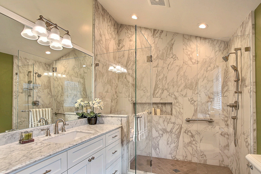 Design ideas for a mid-sized contemporary master bathroom in San Francisco with an undermount sink, recessed-panel cabinets, white cabinets, a double shower, a one-piece toilet, brown tile, green walls and ceramic floors.