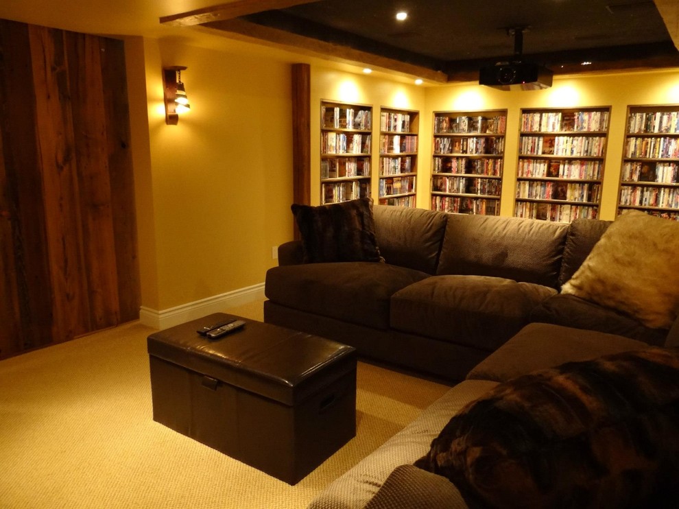 Inspiration for a country enclosed home theatre in Ottawa with yellow walls, carpet and yellow floor.