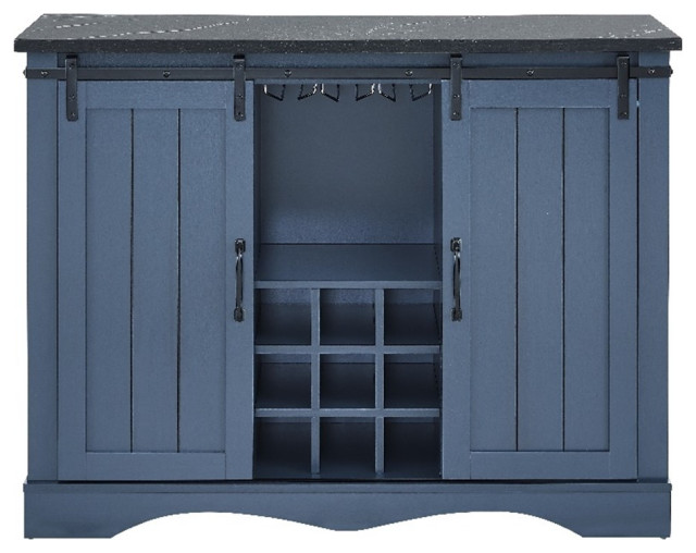 LIVILAND 47 in. Navy Buffet Bar Barn Door w/ Marbling Pattern Countertop Wine And Bar