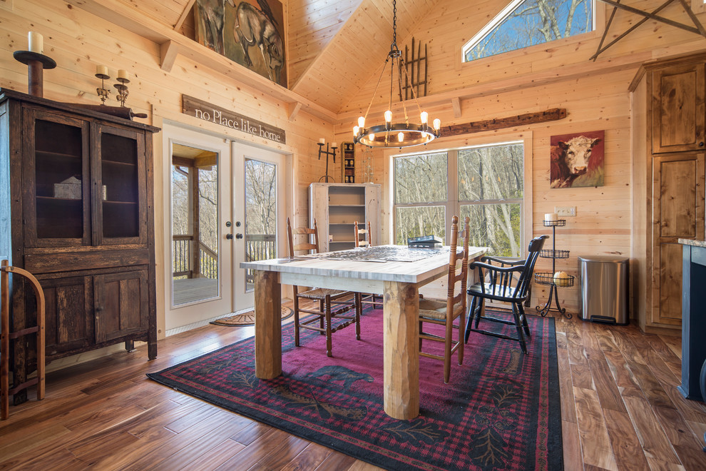 Inspiration for a rustic medium tone wood floor dining room remodel with no fireplace