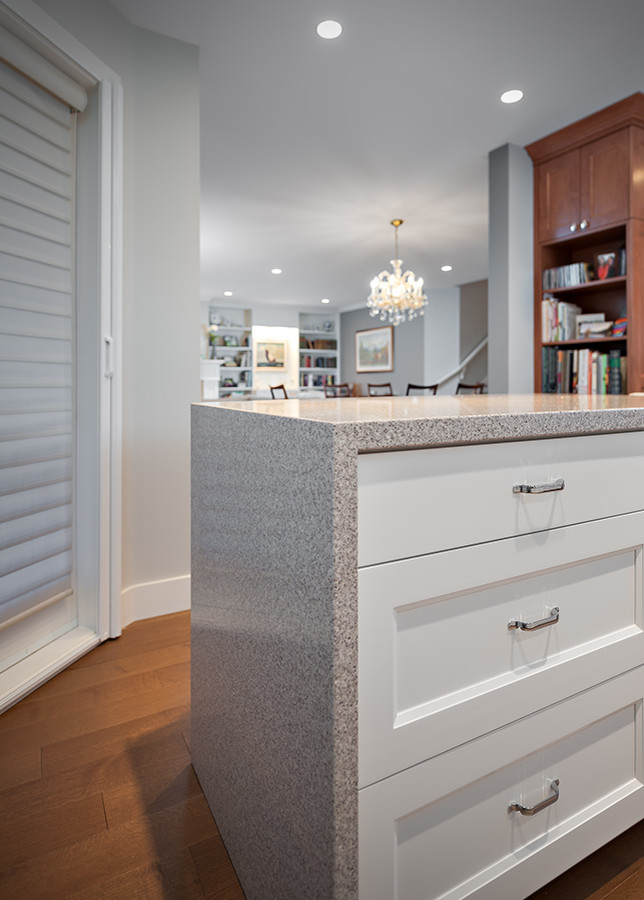 Mid-sized transitional galley dark wood floor kitchen photo in Vancouver with dark wood cabinets, granite countertops, white backsplash, stainless steel appliances and an island