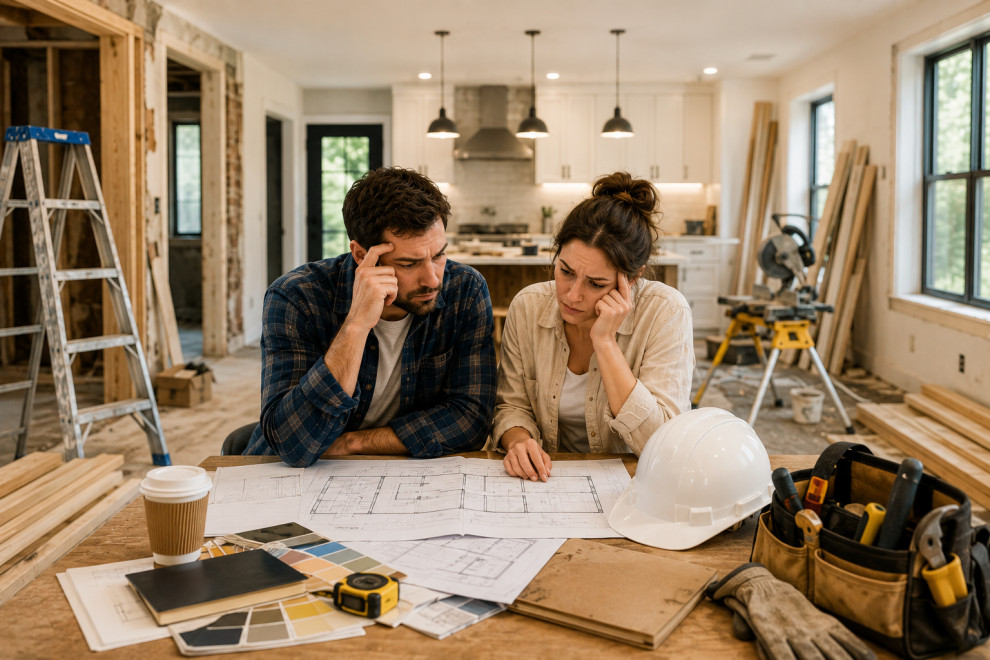 Realistic modern home renovation scene featuring a stressed couple reviewing renovation blueprints in a partially remodeled house. Construction tools, wooden planks, ladder, hard hat, and interior ren