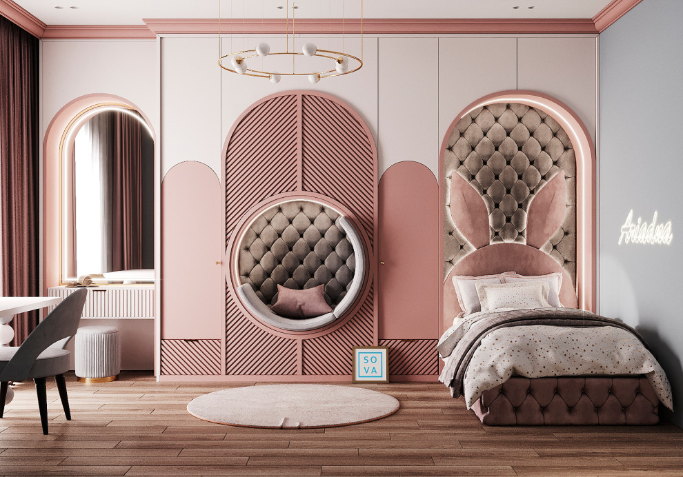 Inspiration för ett mellanstort funkis flickrum kombinerat med sovrum och för 4-10-åringar, med grå väggar, laminatgolv och brunt golv
