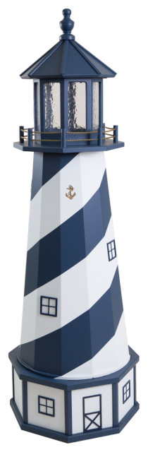 Outdoor Deluxe Wood and Poly Lumber Lighthouse Lawn Ornament, Navy and White, 66 Inch, Standard Electric Light