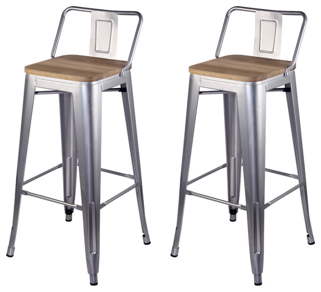 Metal Silver Bar Stools With Lowback Light Wooden Seat, Set of 2