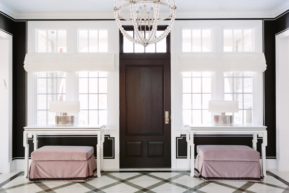 Large transitional foyer in Chicago with porcelain floors, a single front door, a dark wood front door, multi-coloured floor and black walls.