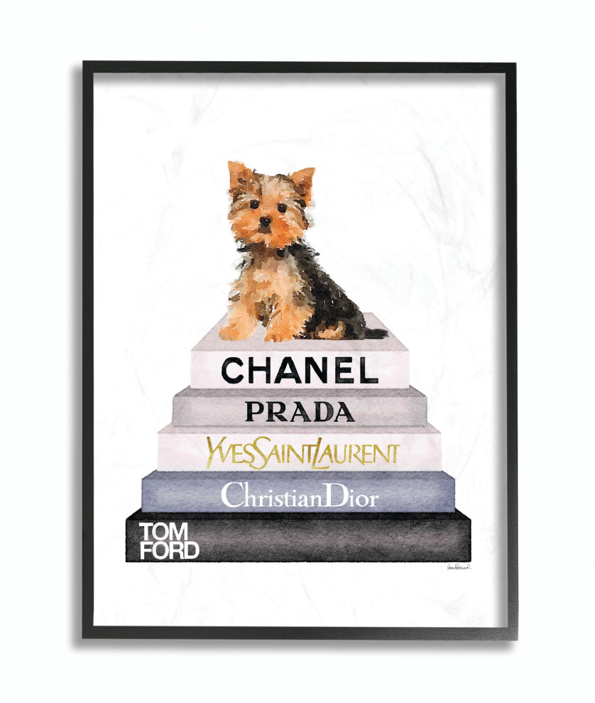 Book Stack Yorkie Dog Glam Fashion Watercolor, Black Framed, 24"x30"