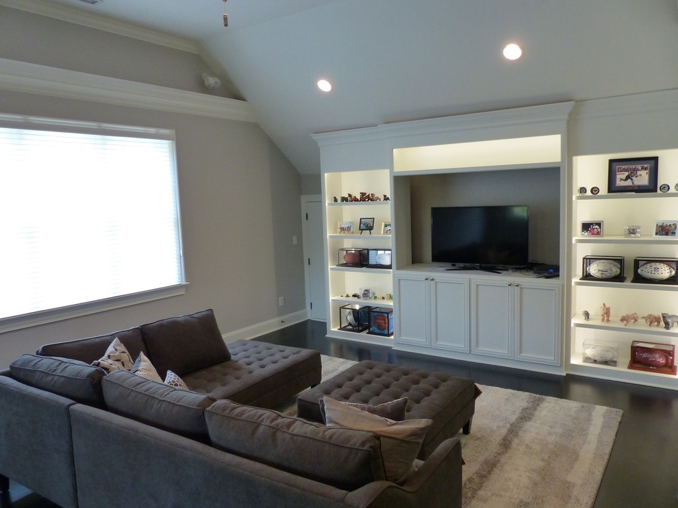 This is an example of a large transitional loft-style family room in Raleigh with a game room, grey walls, dark hardwood floors, no fireplace and a built-in media wall.
