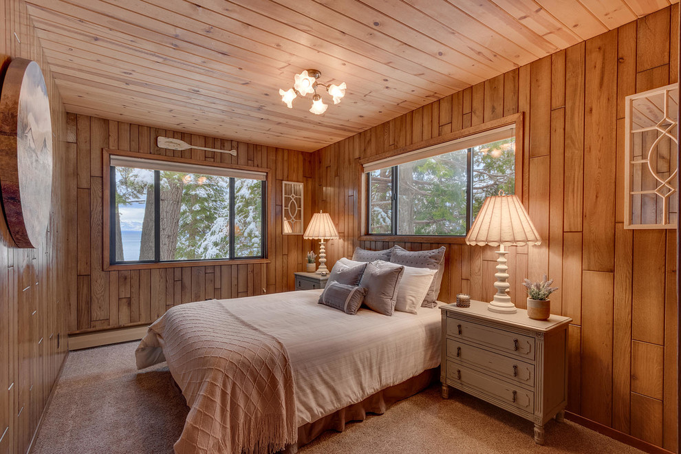 Country bedroom in Sacramento with brown walls, carpet, no fireplace and beige floor.
