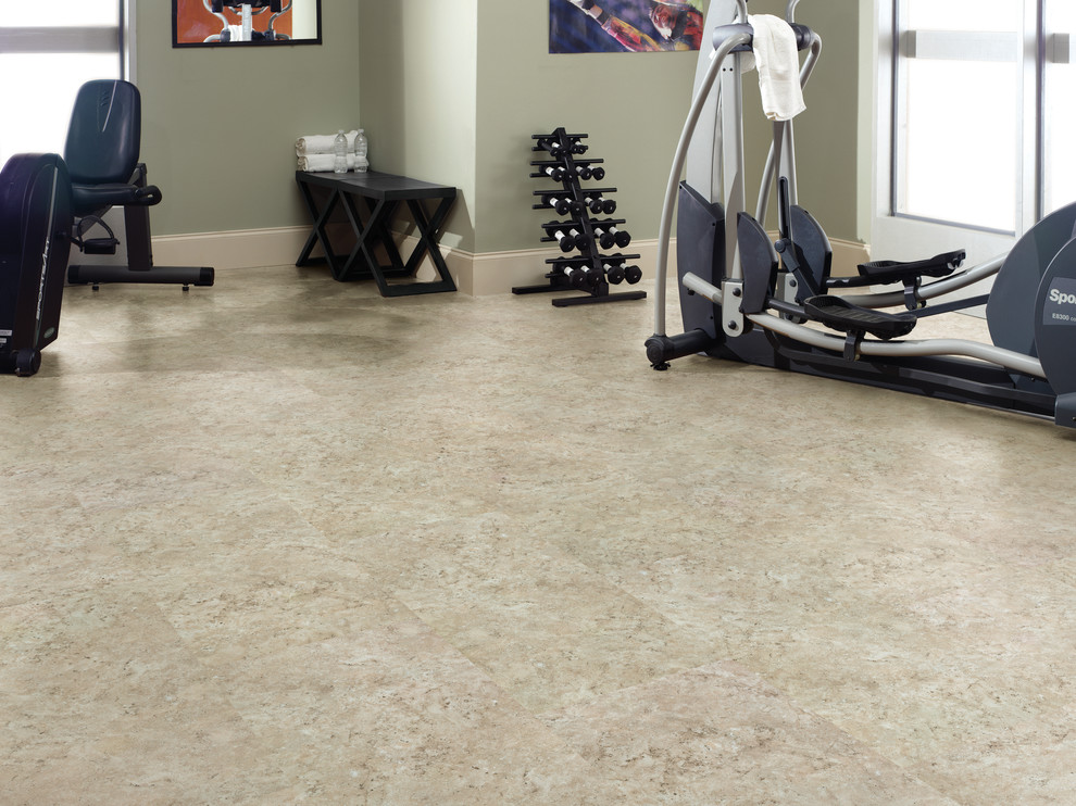 Modern home gym in San Diego with vinyl floors and beige floor.