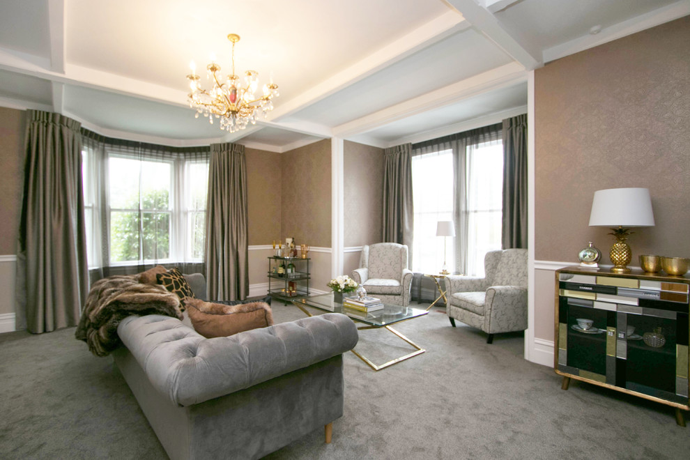 Design ideas for a Mid-sized traditional Formal Enclosed living room in Wellington With Beige Walls, Carpet, a Standard Fireplace, a Wood Fireplace Surround, No TV and Grey Floor.