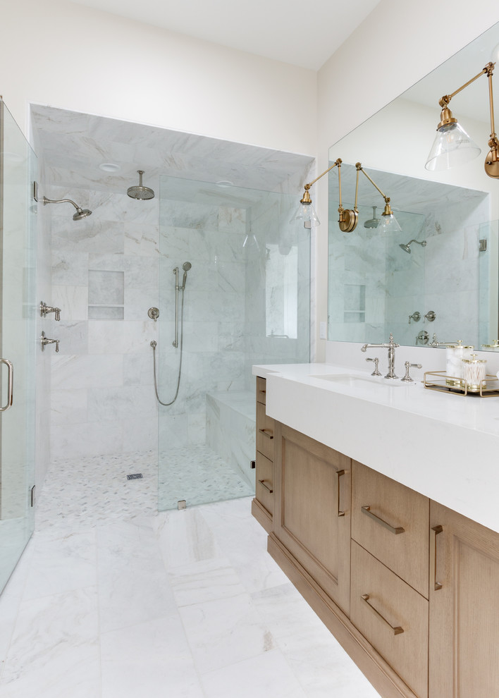 Country master bathroom in Salt Lake City with light wood cabinets, a double shower, mirror tile, beige walls, marble floors, an undermount sink, quartzite benchtops, white floor, a hinged shower door and white benchtops.