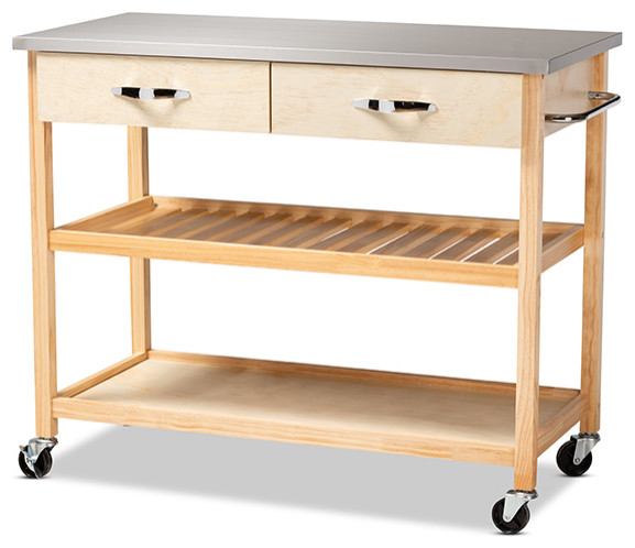Cresta Pine And Stainless Steel 2 Drawer Kitchen Island Utility