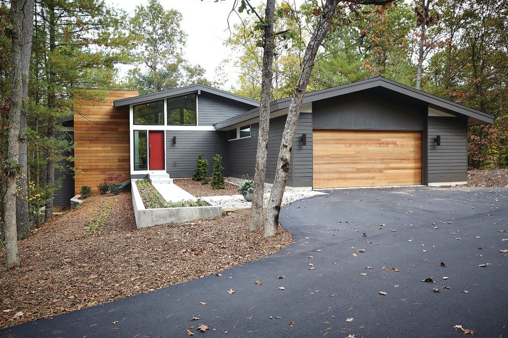 Midcentury exterior in Grand Rapids with wood siding and a gable roof.