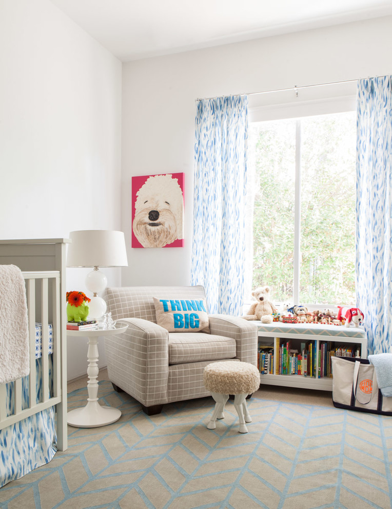 Inspiration for a contemporary gender-neutral nursery in Dallas with white walls and carpet.