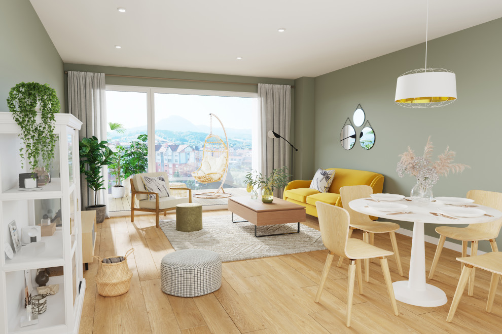 Inspiration pour une salle de séjour nordique de taille moyenne et ouverte avec un mur vert, parquet clair et un téléviseur indépendant.