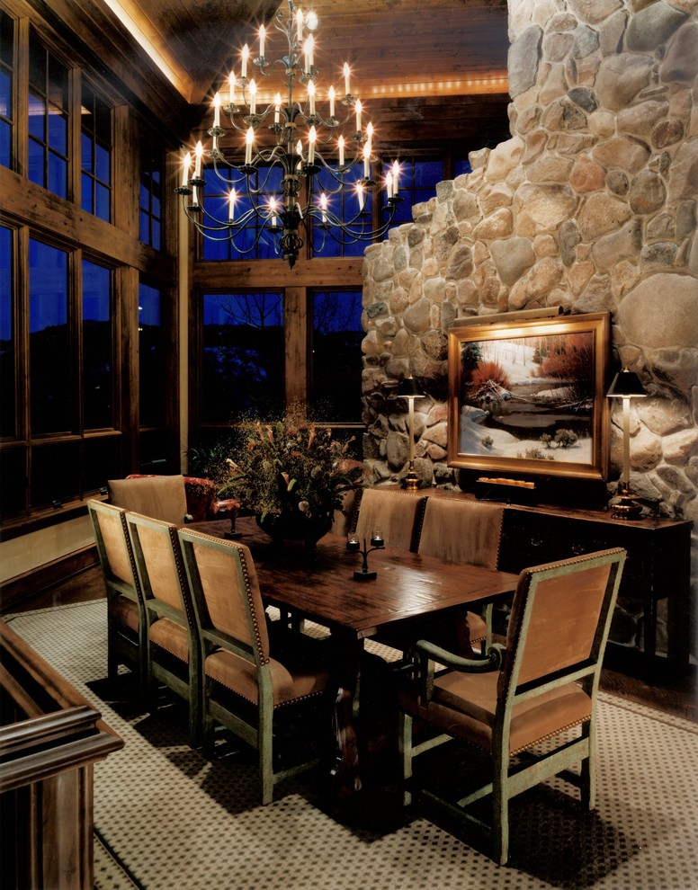 Country dining room in Orange County with dark hardwood floors.