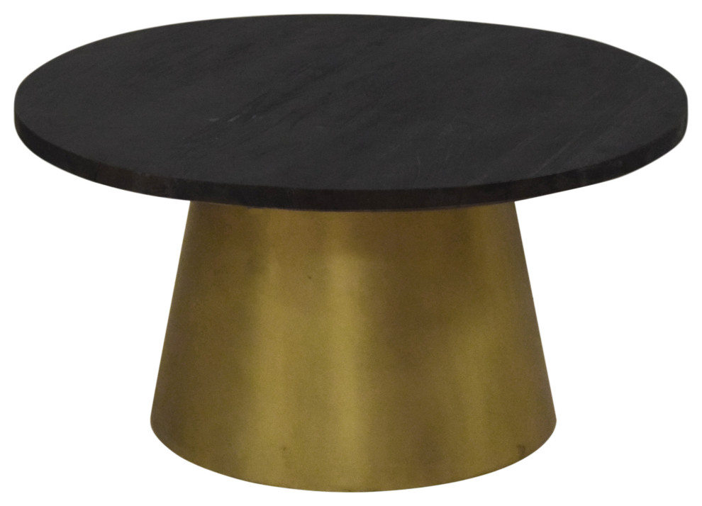 Black Mango Wood Coffee Table with Gold Drum Base Contemporary