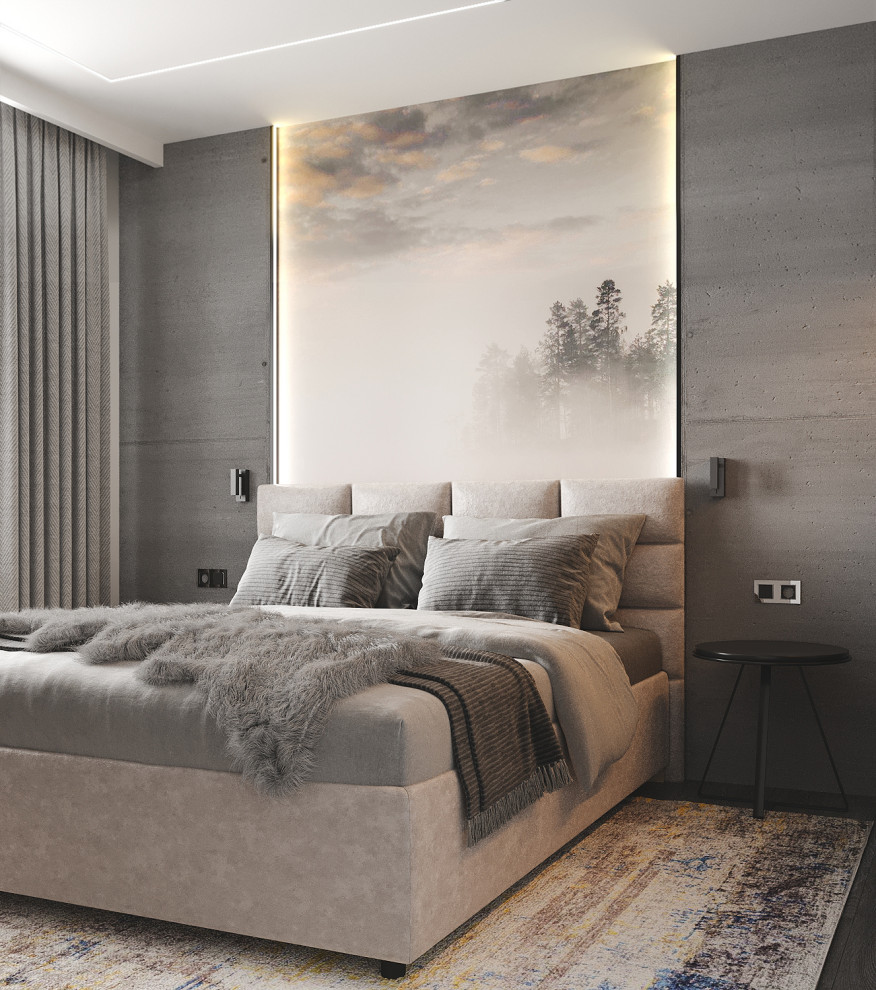 Imagen de dormitorio principal y gris y blanco contemporáneo con paredes grises