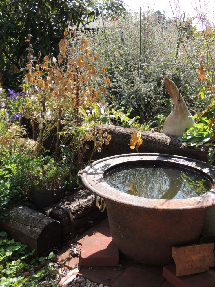 Cette image montre un jardin surélevé arrière bohème de taille moyenne et l'été avec une exposition ensoleillée.
