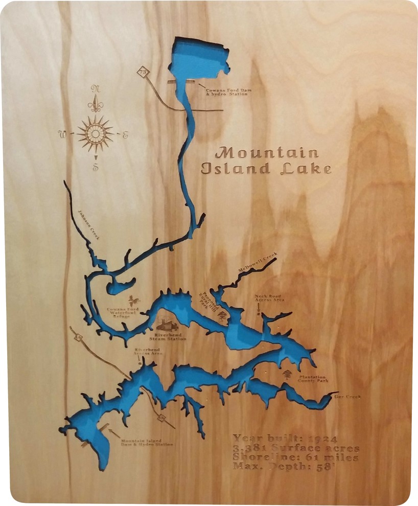 Mountain Island Lake, North CarolinaWood Lake Map, Small Contemporary Wall Accents by PhD