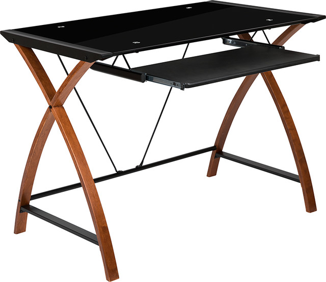 Glass Computer Desk With Pull Out Keyboard Tray And Crisscross Frame Black