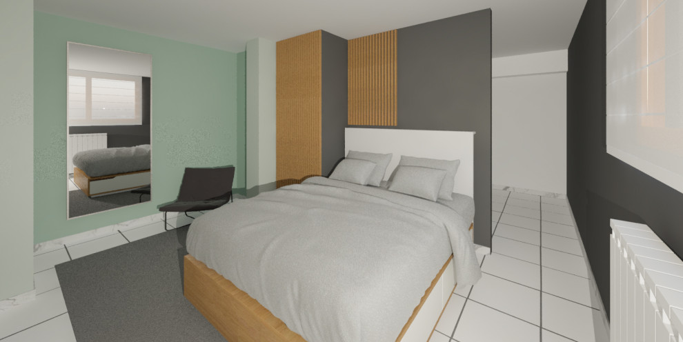 На фото: хозяйская спальня среднего размера в современном стиле с зелеными стенами, полом из керамогранита и белым полом