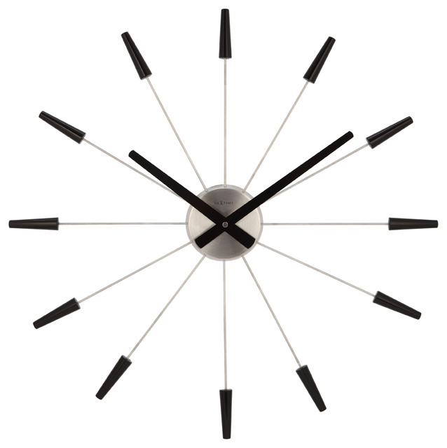 Plug Inn Spoke Wall Clock, Stainless Steel, Black, Battery Operated