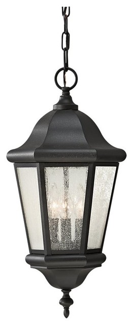 Feiss Martinsville Three Light Black Clear Seeded Glass Hanging Lantern