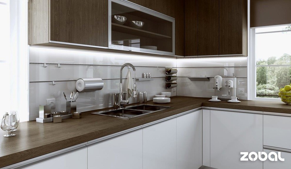 Inspiration for a small modern single-wall medium tone wood floor and beige floor eat-in kitchen remodel with an undermount sink, flat-panel cabinets, gray cabinets, quartz countertops, beige backsplash, glass sheet backsplash, stainless steel appliances and no island