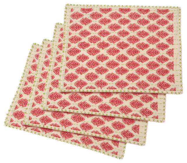 Artisan Hand Loomed Place Mat, Red With Green Stitching, 14"x19", Set of 4 Contemporary