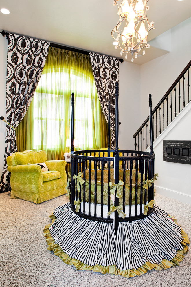 Inspiration for an eclectic nursery for girls in Austin with white walls and carpet.
