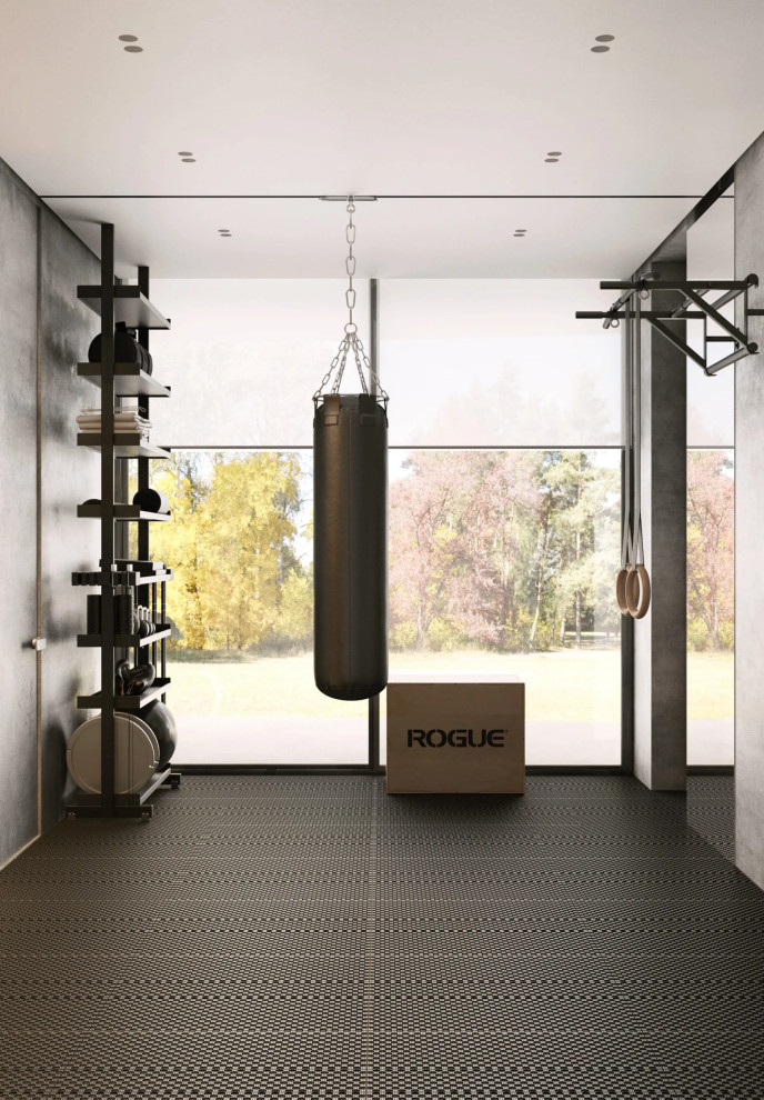 Inspiration for a medium sized modern multi-use home gym in Los Angeles with grey walls.