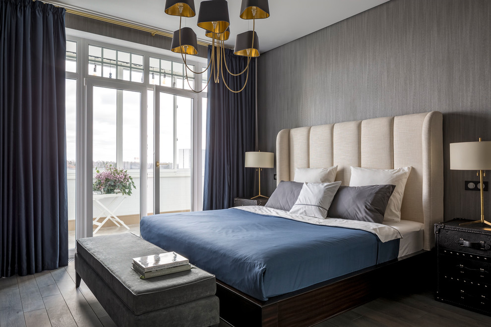Inspiration for a transitional master bedroom in Moscow with grey walls, dark hardwood floors and grey floor.