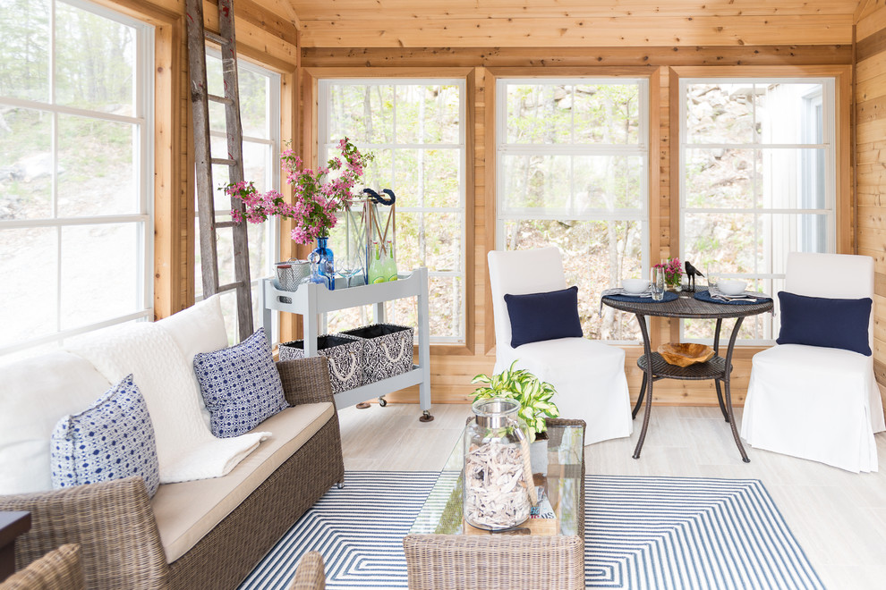 Inspiration for a beach style sunroom in Ottawa with no fireplace, a standard ceiling and white floor.