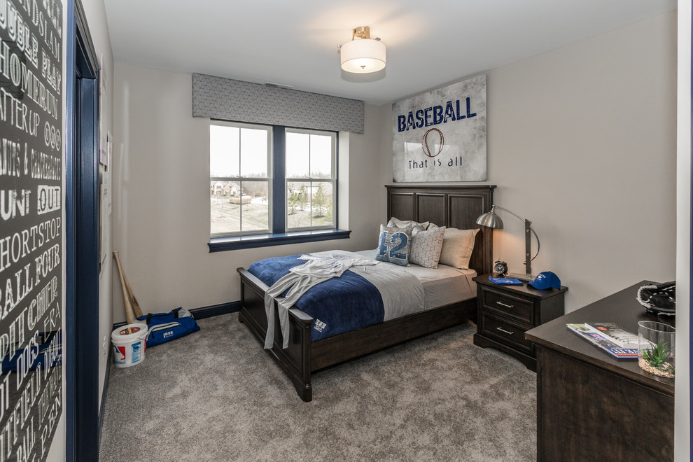 Expansive contemporary guest bedroom in Cincinnati with grey walls, carpet and grey floor.
