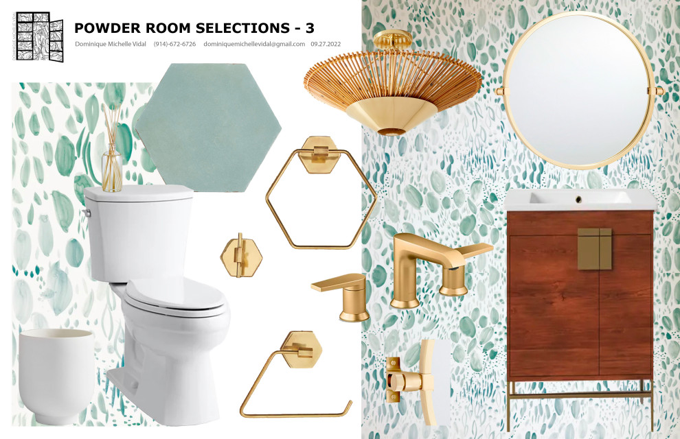 Example of a mid-sized powder room design in New York with flat-panel cabinets, medium tone wood cabinets, quartz countertops and a freestanding vanity